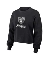 Women's Wear by Erin Andrews Black Distressed Las Vegas Raiders Waffle Knit Long Sleeve T-shirt and Shorts Lounge Set