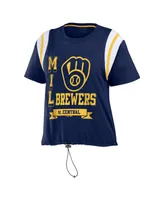 Women's Wear by Erin Andrews Navy Distressed Milwaukee Brewers Cinched Colorblock T-shirt