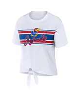 Women's Wear by Erin Andrews White Kansas Jayhawks Striped Front Knot Cropped T-shirt