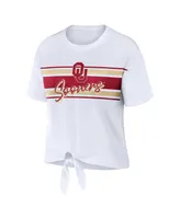 Women's Wear by Erin Andrews White Oklahoma Sooners Striped Front Knot Cropped T-shirt