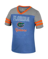 Big Girls Colosseum Royal, Heather Gray Florida Gators Summer Striped V-Neck T-shirt