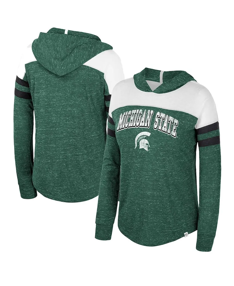 Women's Colosseum Green Distressed Michigan State Spartans Speckled Color Block Long Sleeve Hooded T-shirt