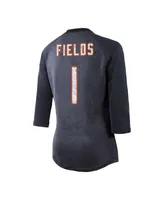 Women's Majestic Threads Justin Fields Navy Distressed Chicago Bears Player Name and Number Tri-Blend 3/4-Sleeve Fitted T-shirt