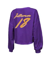 Women's Majestic Threads Justin Jefferson Purple Distressed Minnesota Vikings Name and Number Off-Shoulder Script Cropped Long Sleeve V-Neck T-shirt