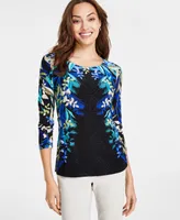 Jm Collection Women's Printed 3/4 Sleeve Jacquard Top, Created for Macy's