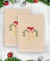 Linum Home Christmas Mistletoe Monogram Beige Embroidered Luxury Turkish Cotton Hand Towels, 2 Piece Set