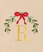 Linum Home Christmas Mistletoe Monogram Beige Embroidered Luxury Turkish Cotton Hand Towels, 2 Piece Set