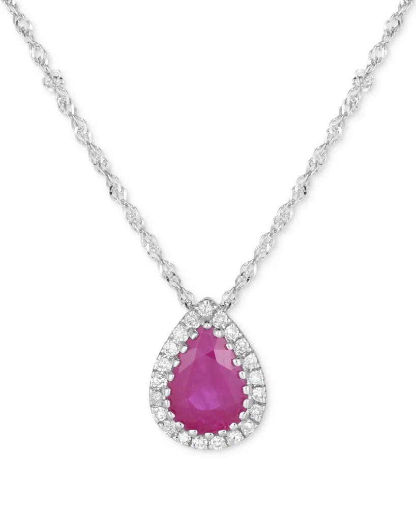 Ruby (3/4 ct. tw.) & Diamond (1/10 ct. t.w.) Pear Halo Pendant Necklace in 14k White Gold, 16" + 2" extender