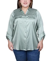 Ny Collection Plus 3/4 Sleeve Roll Tab Satin Blouse