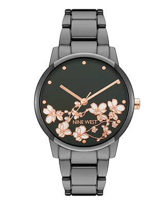 Nine West Women's Quartz Dark Gray Alloy Link Bracelet and Floral Pattern Watch, 35mm - Dark Gray, Rose Gold