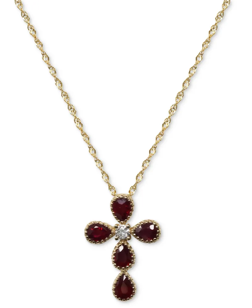 Ruby (7/8 ct. tw.) & Diamond (1/20 t.w.) Cross Pendant Necklace 14k Gold, 16" + 2" extender