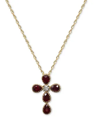 Ruby (7/8 ct. tw.) & Diamond (1/20 t.w.) Cross Pendant Necklace 14k Gold, 16" + 2" extender