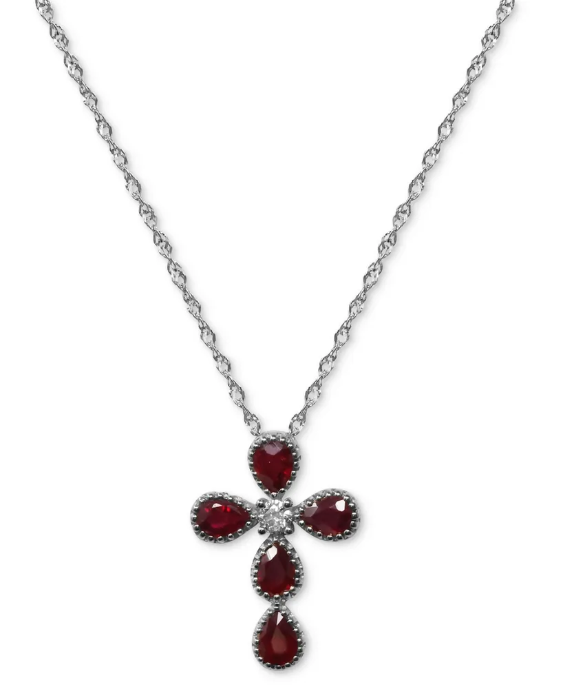 Ruby (7/8 ct. tw.) & Diamond (1/20 ct. t.w.) Cross Pendant Necklace in 14k Gold, 16" + 2" extender