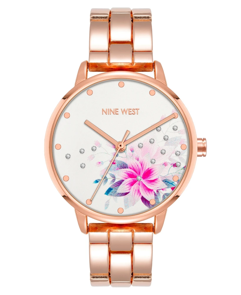 Nine West Women's Quartz Rose Gold-Tone Alloy Link Bracelet and Floral Pattern Watch, 36mm - Rose Gold