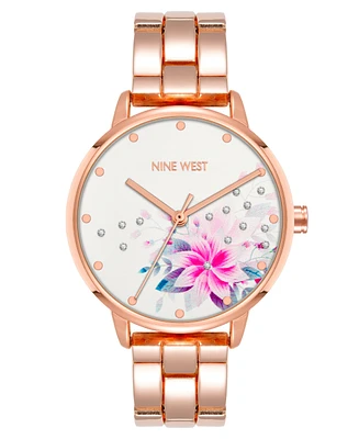 Nine West Women's Quartz Rose Gold-Tone Alloy Link Bracelet and Floral Pattern Watch