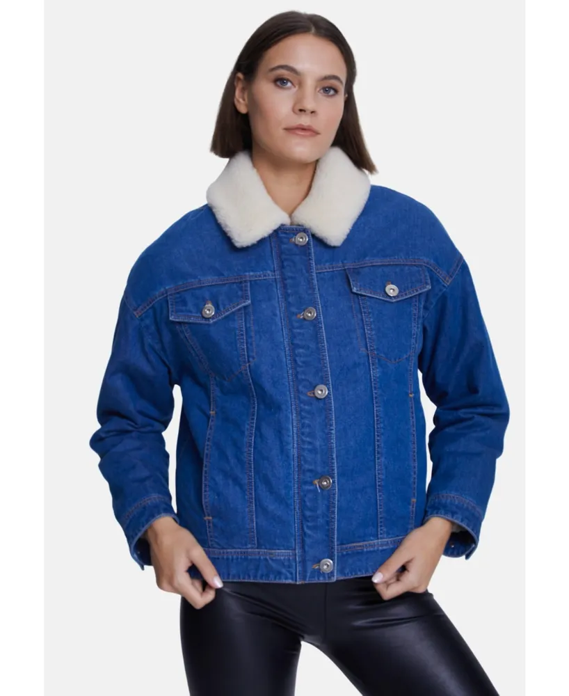 Furniq Uk Women's Denim Shearling Jacket, White Wool