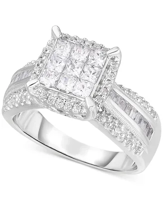 Diamond Princess Halo Cluster Engagement Ring (1 ct. t.w.) in 14k White Gold