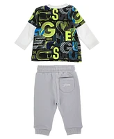 Guess Baby Boys Cotton Jersey All Over Print Faux Twofer Top and French Terry Joggers, 2 Piece Set