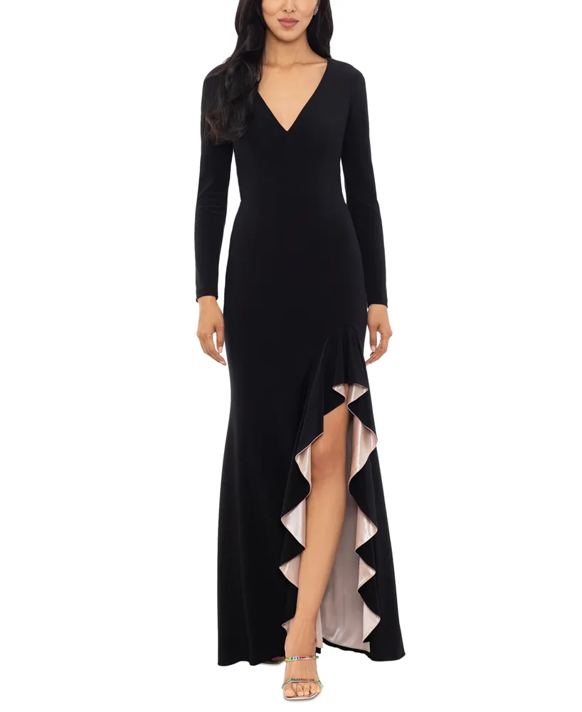 Xscape Women's Long-Sleeve Draped Contrast-Slit Dress