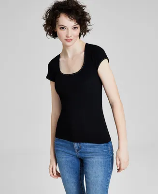 And Now This Women's Picot-Trim Cap-Sleeve T-Shirt, Created for Macy's