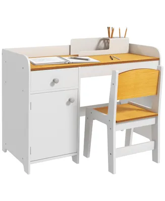 Qaba Kids Desk and Chair Set with Storage Drawer, Study Desk with Chair for Children for Arts & Crafts, Snack Time, Homeschooling, Homework, White