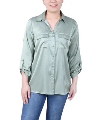 Ny Collection Women's 3/4 Sleeve Roll Tab Satin Blouse