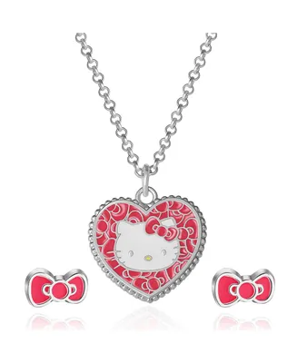 Sanrio Hello Kitty Fashion Jewelry Set, Heart Necklace and Bow Stud Earrings, Officially Licensed
