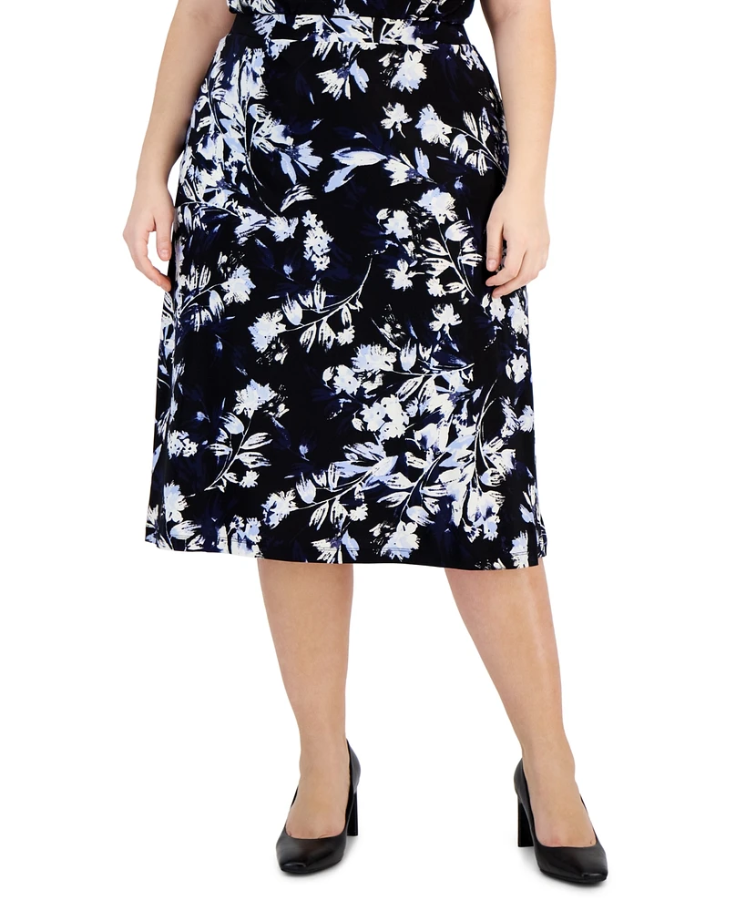 Kasper Plus Floral-Print Pull-On Flared Midi Skirt