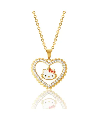 Hello Kitty Sanrio Brass Yellow Gold Plated Heart Cubic Zirconia Outlined Necklace with Dangle, Authentic Officially Licensed