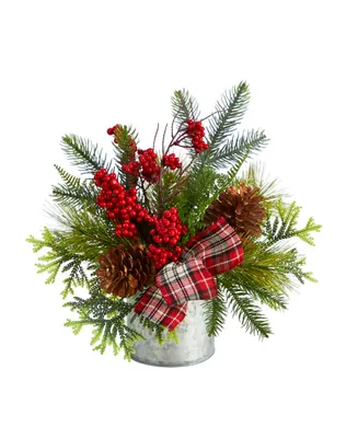 Holiday Winter Pinecones, Berries, Greenery and Plaid Bow Artificial Christmas Table Arrangement, 12"