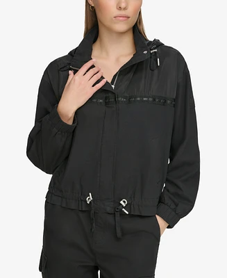 Dkny Jeans Women's Logo-Trim Hooded Zip-Front Jacket - Blk