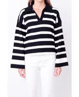 Women's Striped Collared Cropped Sweater