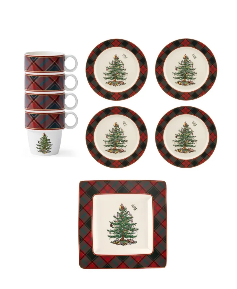 Spode Christmas Tree Tartan 9 Piece Hot Chocolate Set