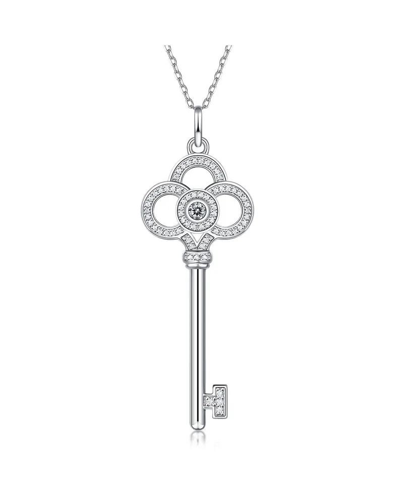 Sterling Silver White Gold Plated with 0.10ctw Lab Created Moissanite Skeleton Key Eternity Circle Pendant Necklace