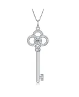 Sterling Silver White Gold Plated with 0.10ctw Lab Created Moissanite Skeleton Key Eternity Circle Pendant Necklace