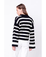 Women's Striped Collared Cropped Sweater