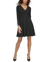Tommy Hilfiger Women's V-Neck Button-Sleeve Dress