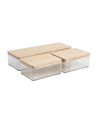 Martha Stewart Grady Set of 3 Plastic Stackable Storage Boxes with Paulownia Wood Lids