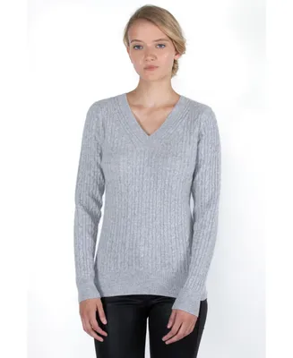 J Cashmere Women's 100% Cashmere Cable-knit Long Sleeve Pullover V Neck Sweater