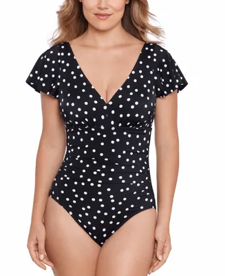 Swim Solutions Women's Flutter-Sleeve Polka Dot One-Piece Swimsuit, Created for Macy's