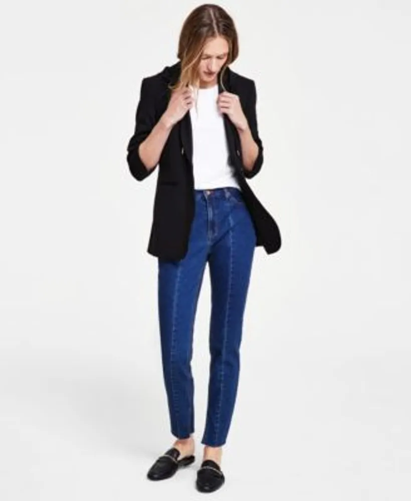 Anne Klein Womens Hooded Notch Collar Compression Jacket Scoop Neck Short Sleeve T Shirt Seamed High Rise Slit Hem Denim Jeans