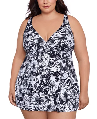 Swim Solutions Plus Floral-Print Flyaway Dress, Created for Macy's