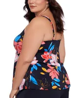 Swim Solutions Plus Size Floral-Print Pleated Tankini Top, Created for Macy's