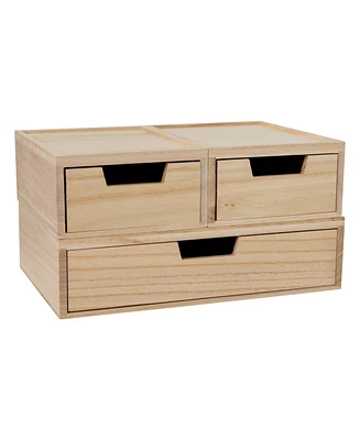 Martha Stewart Weston Stackable Paulownia Wood Boxes with Drawers, Office Desktop Organizers, 3 Compartments
