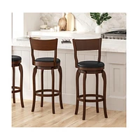 Tally 30" Classic Wooden Open Back Swivel Bar Height Pub Stool With Upholstered Padded Seat And Integrated Footrest