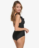 Dkny Ruffle Plunge Underwire Tummy Control One-Piece Swimsuit, Created for Macy's