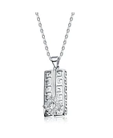 Sterling Silver White Gold Plated with White Cubic Zirconia Rectangular Frame Pendant