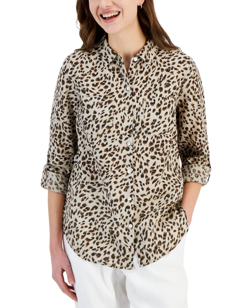 Charter Club Women's 100% Linen Printed Tab-Sleeve Shirt, Created