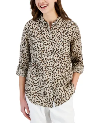 Charter Club Women's 100% Linen Printed Tab-Sleeve Shirt, Created for Macy's