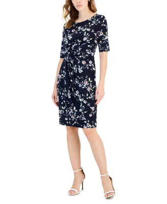 Connected Petite Elbow-Sleeve Gathered Jersey Sheath Dress